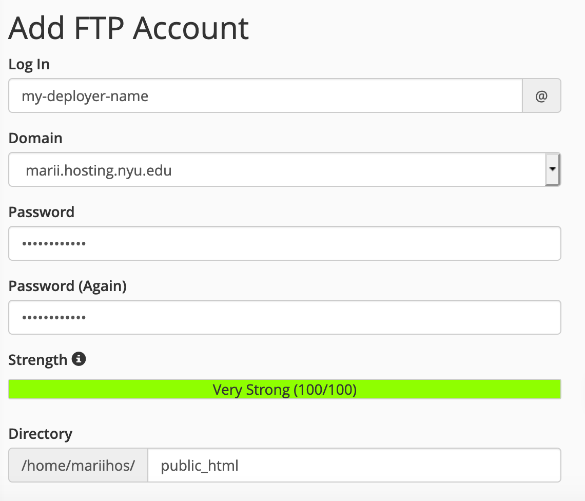 CPanel UI webform labeled 'Add an FTP Account'